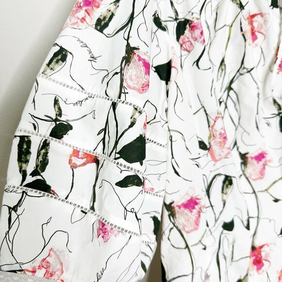 Marchesa Notte Womens Aster Printed Cotton Poplin Dress Puff Sleeve Ivory Pink 8 - Picture 6 of 12